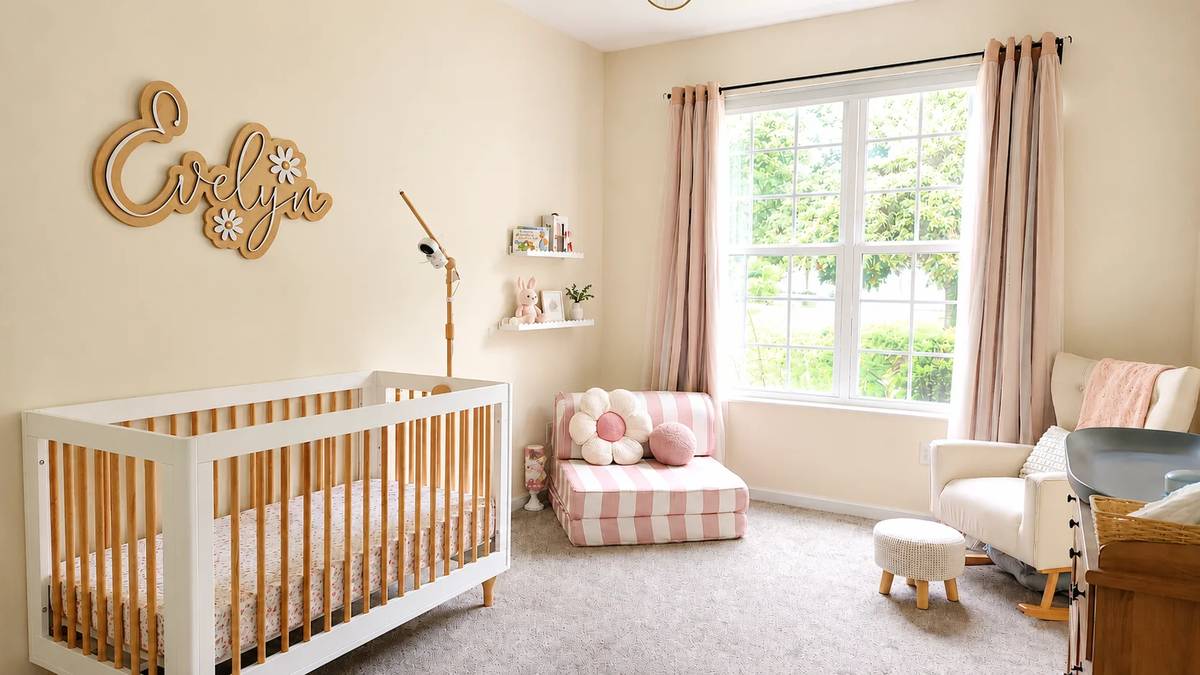 Tenant's nursery with the child's name on the wall, then the same room neutral and empty — before
